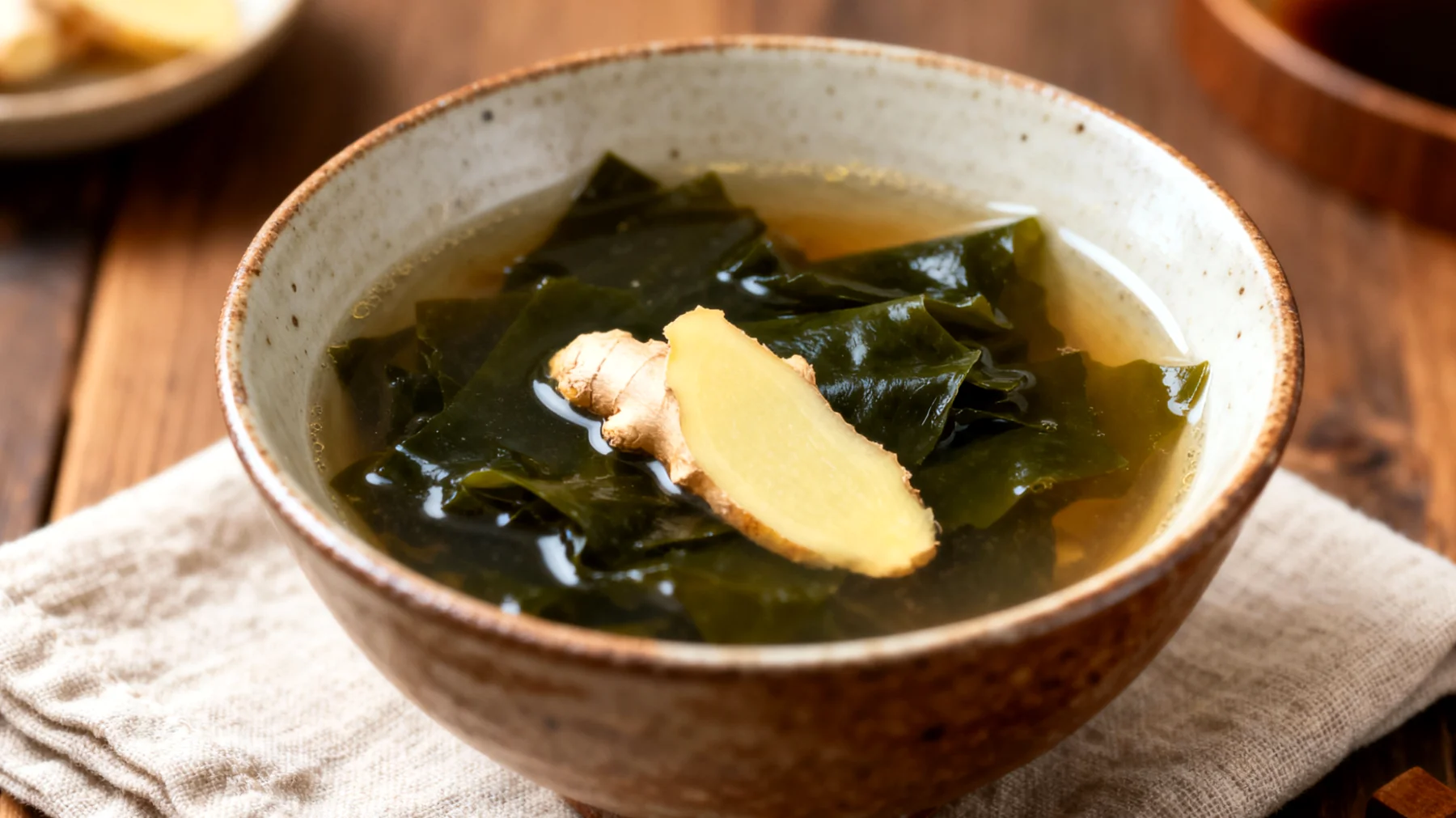 Soupe miso aux algues wakame et gingembre frais"